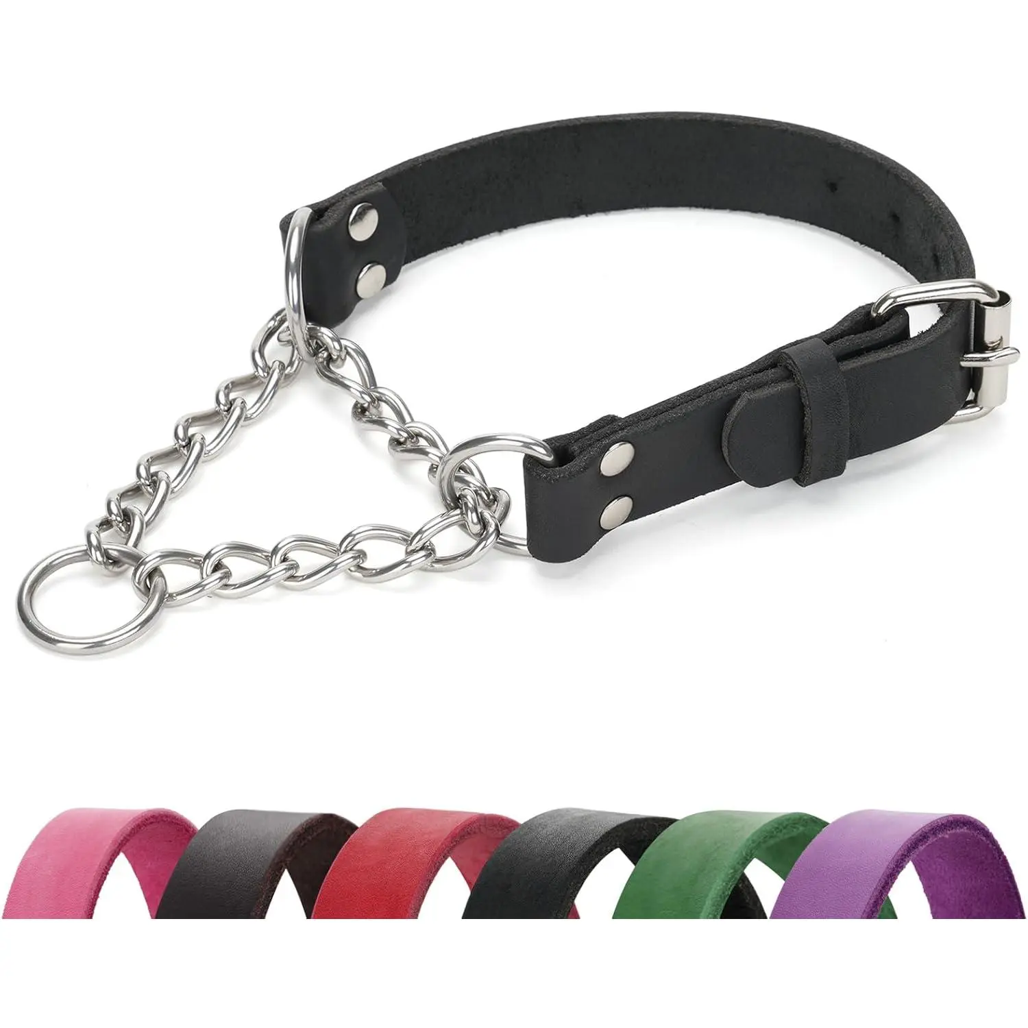 Genuine Leather Martingale Dog Collar - Non-Slip, Anti-Slip Loop, No-Pull Adjustable Training Collar with Stainless Steel Chain for Small, Medium, Large Breeds - Black (M), Collars