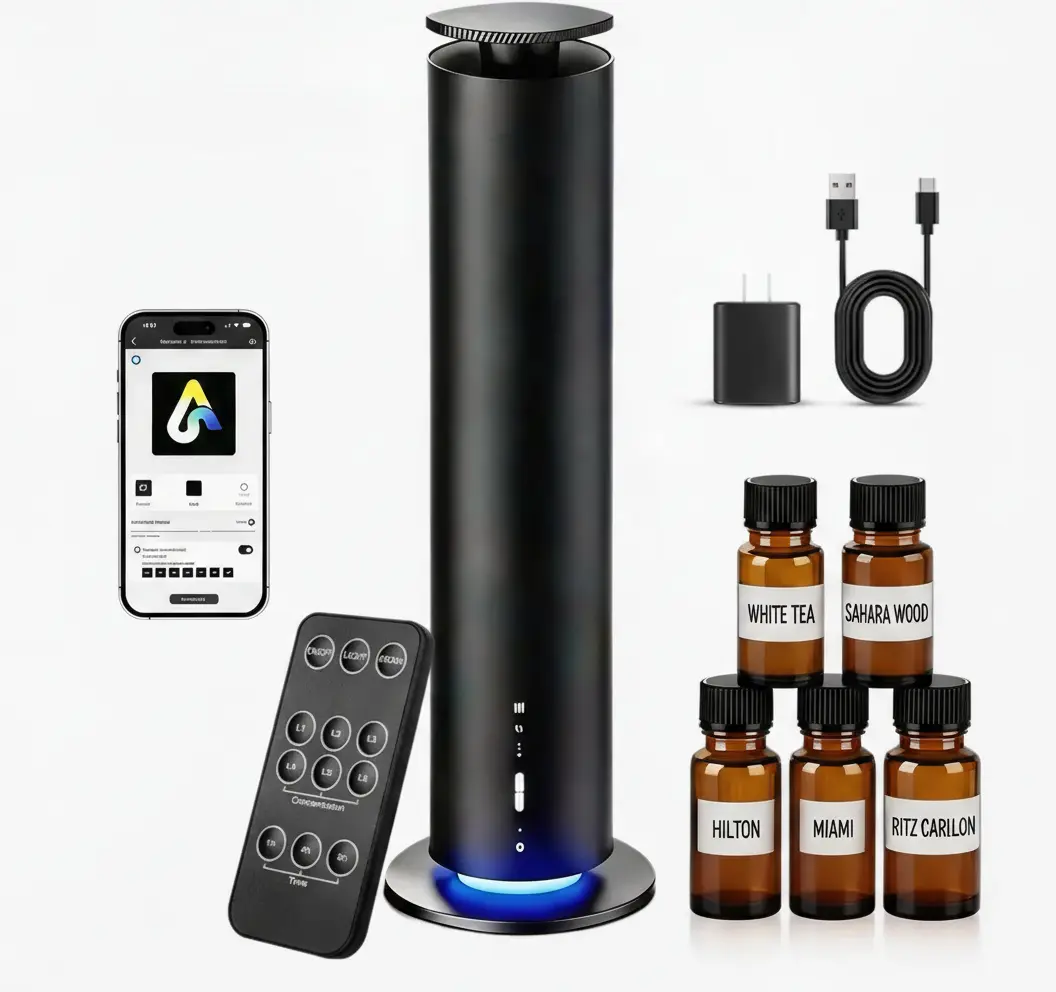Waterless Aroma Decor Kit - Smart Cordless Scent Machine Diffuser with Light, 1000 sq.ft Coverage, 120ml Bottle, 8H Operation, App & Remote Control, 5 Hotel-Inspired Oils for Entryway