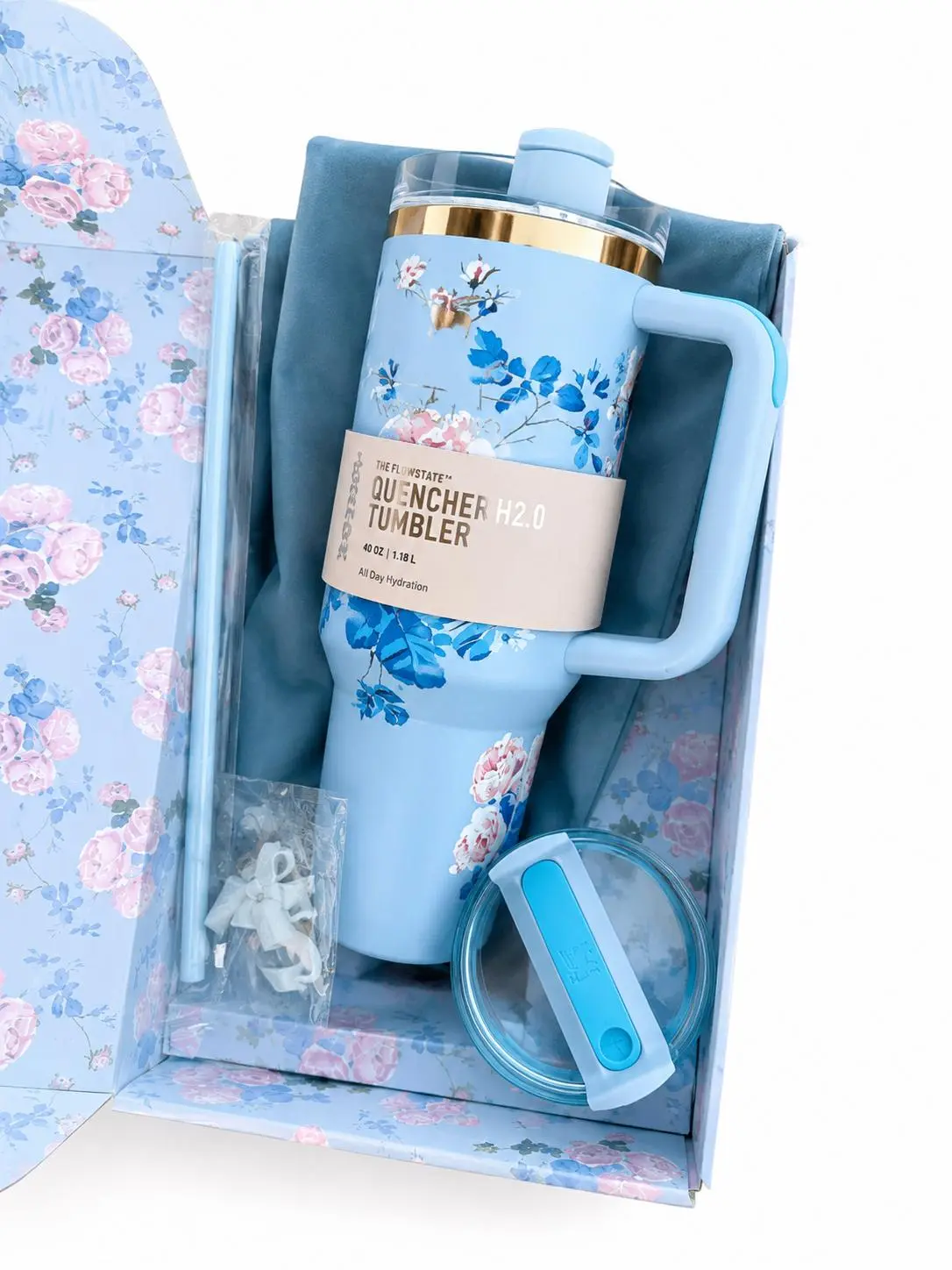 Blue Floral 40oz Tumbler with Gift Box | Flower Travel Mug with Handle | Insulated Stainless Steel Cup | Gift for Her