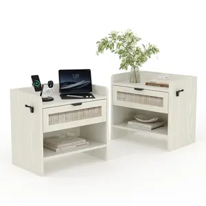 Boho Rattan Nightstands Set of 2 with Type-C Charging Station – 1 Drawer & Open Shelf – Modern Wooden Bedside Tables – Large End Tables with Charging Port