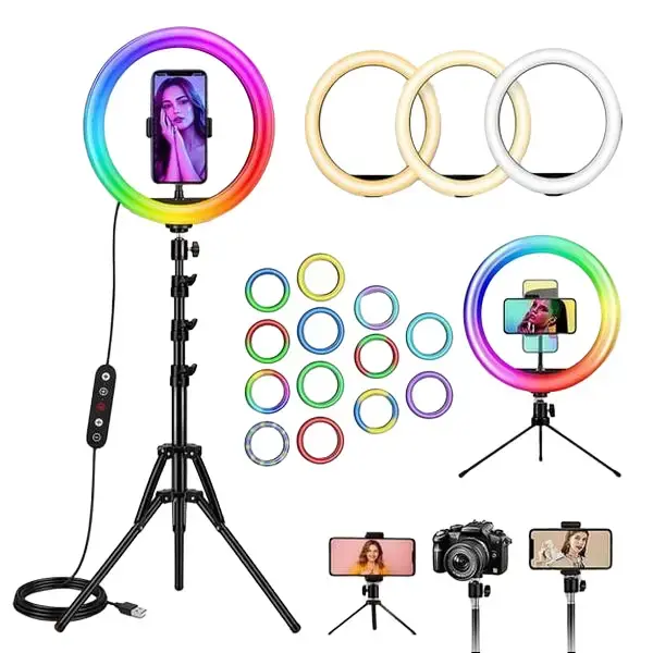 12" RGB Selfie Ring Light with 62" Tripod Stand & Phone Holder – Dimmable LED, 3 Color Modes, Wireless Remote | Video Recording, Live Streaming, TikTok, YouTube, Makeup | iPhone & Android