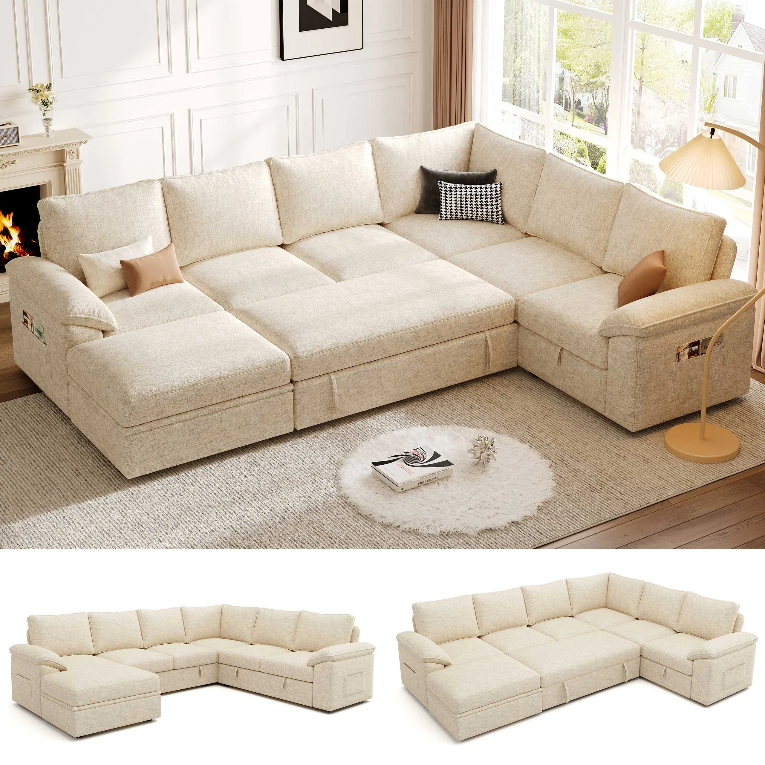 【4 Packages】108 Inch Sectional Sleeper Sofa with Pull Out Bed, U Shaped 7 Seat Modular Sectional Sofa with Storage, Sectional Couches for Living Room, Cloud Modular Couch, Removable Sofa Cover