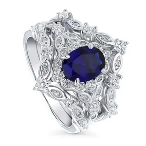BERRICLE Sterling Silver Halo Wishbone Art Deco Chevron V Shaped Engagement Rings Statement Stackable Band for Women, Sapphire-Blue Oval Cut Cubic Zirconia CZ Ring Set