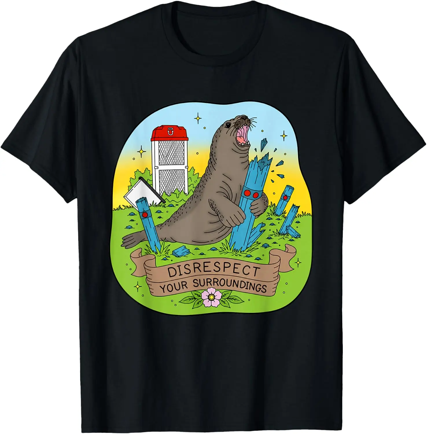 Classic Shortsleeve Animal T-Shirt, Neil Seal "Disrespect Your Surroundings" Funny Art Design, Hem Detail, "Don’t Be Part of the Problem" Graphic Sport Top for Outdoor Activities