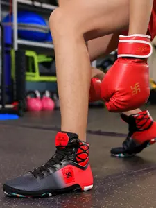 2-Color Mesh Patchwork Boxing Wrestling High-Top Shoes - Split Non-Slip Rubber Outsole + Stable Heel Design + Ankle Protection Structure, Suitable for Boxing Training & Wrestling Competition, Non-Slip Wear-Resistant Fits Sports Needs Ankle Protection Flex