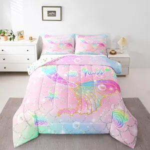 Feelyou Mermaid Duvet Set - Rainbow Pink Mermaid Tail Digital Print Bedding, Cute Reversible Quilt Cover, Silky Soft Skin-Friendly Soft Blanket Comforter, Breathable Sheet Set