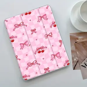 Kawaii Pink Grid Pattern iPad Case Transparent Acrylic Hard Back Panel With Pencil Slot,Suitable for Ipad mini pro air. Scratch-resistant Ultra-thin Protective Case, Shock-resistant Full Cover Protective Case Suitable for Offices Schools and Homes