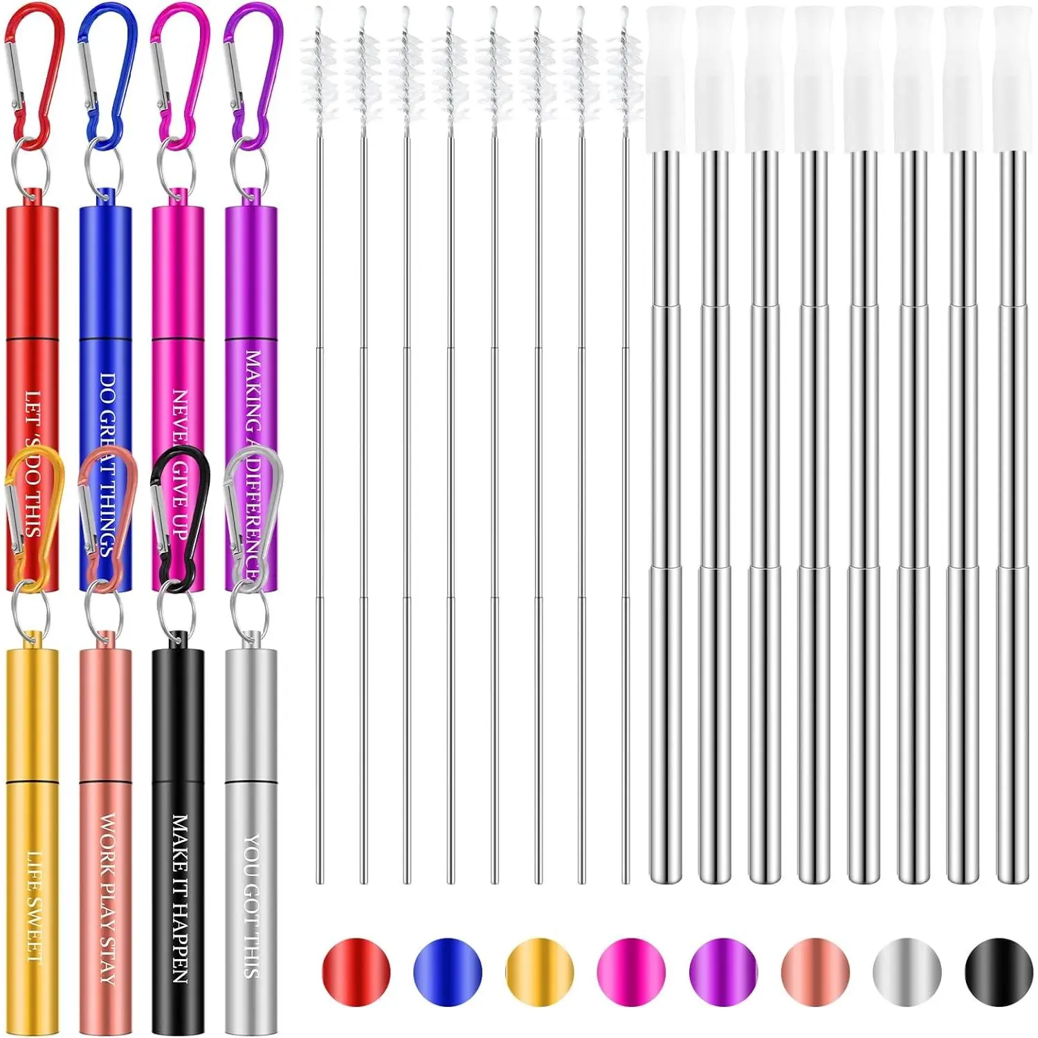 8 count  Collapsible Travel Straw Portable  Stainless Steel Drinking Foldable Cruise Straw with with  Tip, Cleaning Brushes and  for Travel Work(Stylish Style)