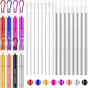 8 count  Collapsible Travel Straw Portable  Stainless Steel Drinking Foldable Cruise Straw with with  Tip, Cleaning Brushes and  for Travel Work(Stylish Style)