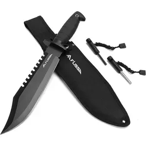 FLISSA Survival Hunting Knife with Sheath, 15-inch Full Tang Fixed Blade Tactical Bowie Knife with Sharpener & Fire Starter for Camping, Outdoor, Bushcraft