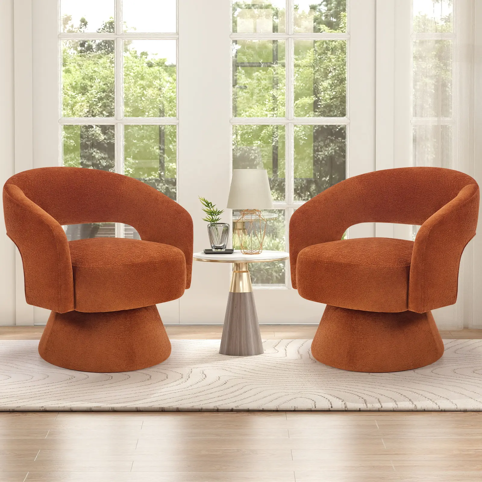 EBELLO 21.3" Beige Velvet Modern Upholstered Armchair - 360° Rotating Swivel Barrel Chair, Round Armrests, Curvy Silhouette, Soft Fabric Chairs, Stable Seating for Living Room, Apartment Furniture
