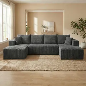 【#TikTokShopDealsforYouDays】【2Packages Shipping】U-Shaped Cloud Modular Sectional Sofa, Boneless Frame, Black Corduroy Fabric, Double Recliner Lounge, Compression Sofa, No Assembly Required, Indoor Living Room Bedroom Lazy Furniture