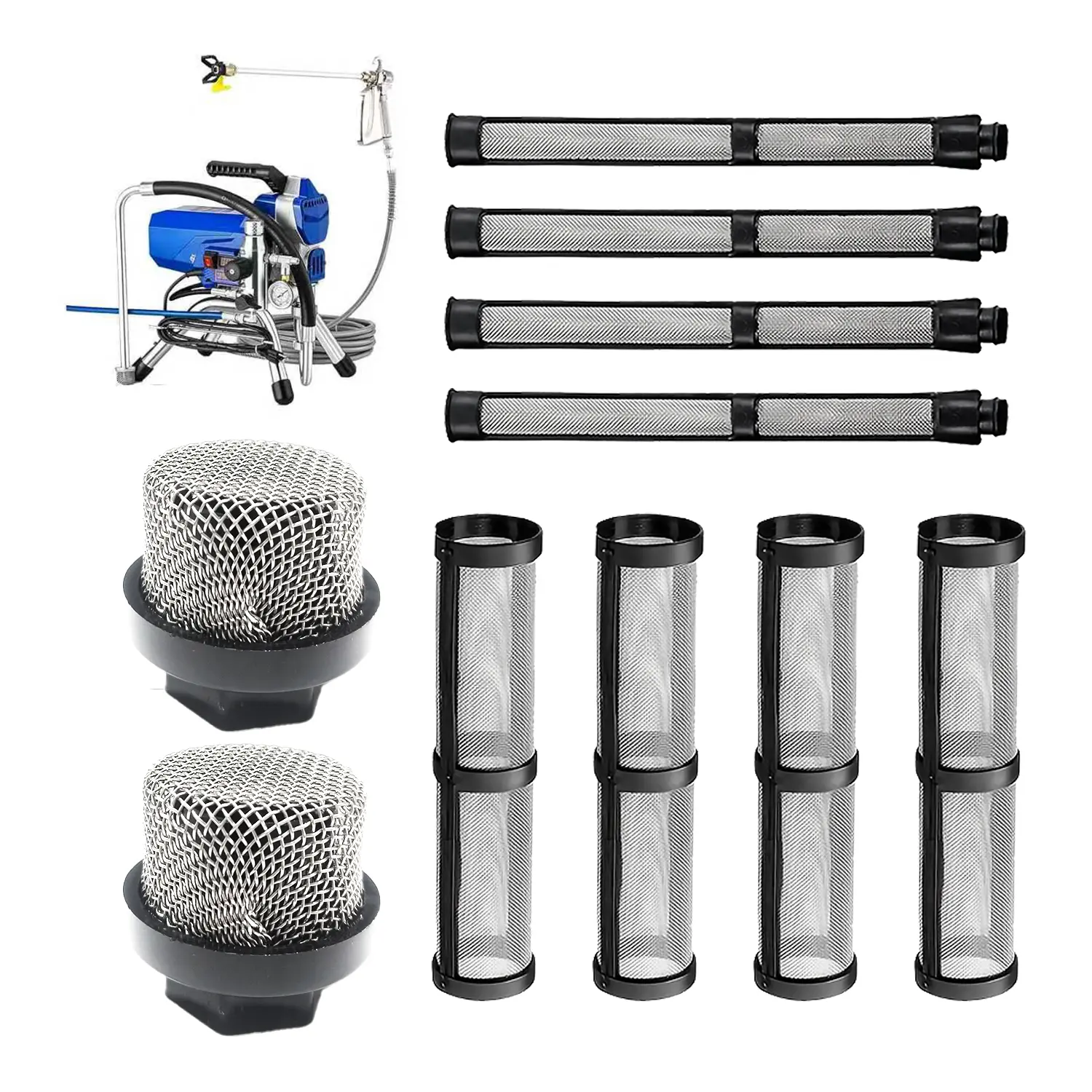 10-pack of airless paint sprayer filters, including 2 pump filters, 4 core filters, and 4 gun filters. Suitable for Gra-co models 390, 395, 490, 495, 595, and 3400 spray guns.