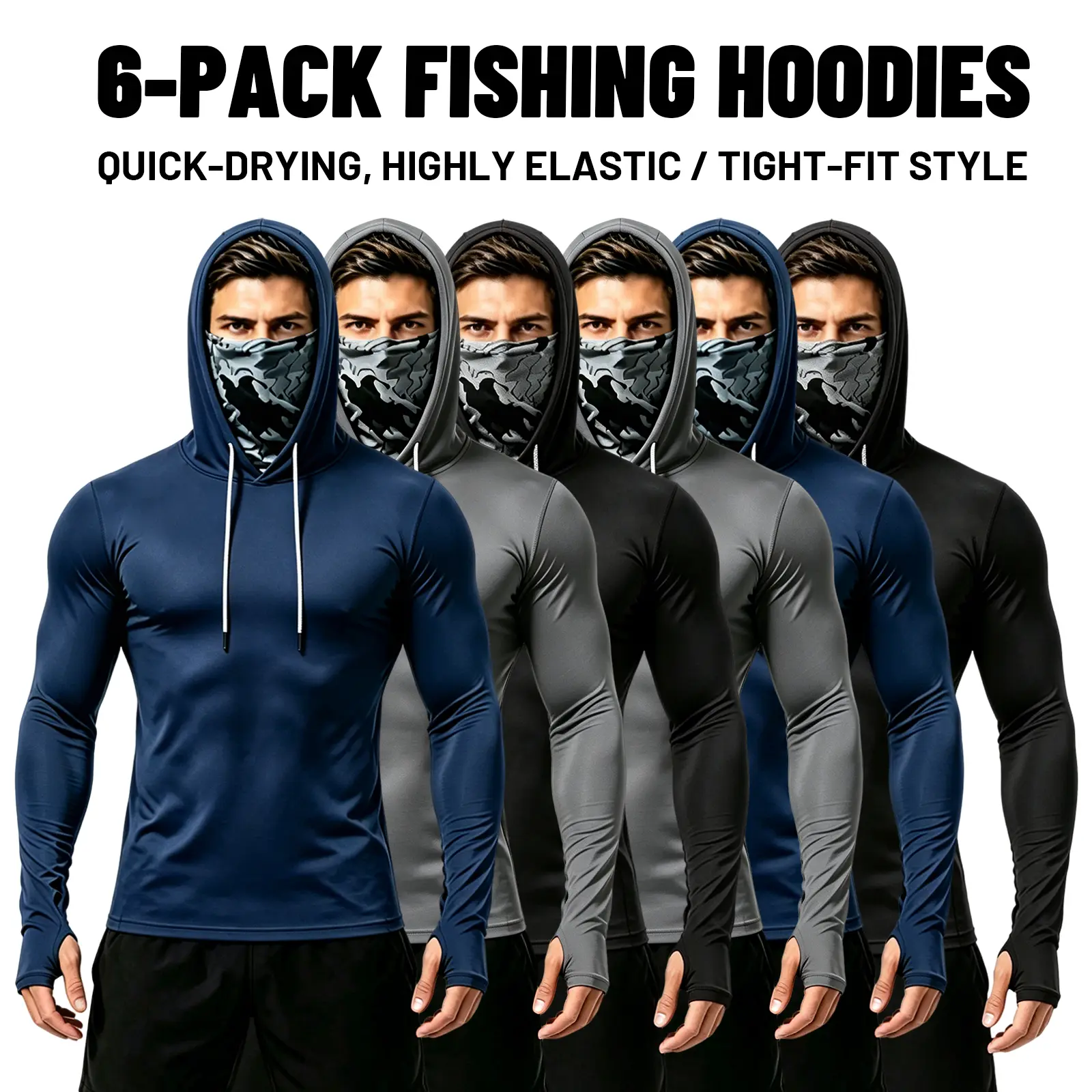 6/5/3 Pack Men's Sun Protection Long Sleeve Hooded Shirts, 4-Way Stretch Quick Dry Compression Work Shirt with Built-in Face Mask & Neck Gaiter, UV Protection for Fishing Cycling Gardening Outdoor Work,back to school,back to school shopping