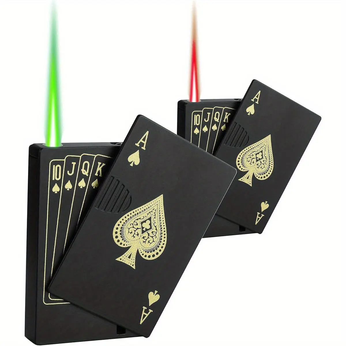 Windproof Jet Torch Lighter - Single Unit, Card Shape, Poker Theme, Green+Red Flame, Refillable Butane, for Outdoor/Indoor Use, BBQ/Candle (Butane Not Included)