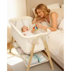 Nightstand bassinet sleeper for baby with mattress, storage basket, 4 auto-lock wheels, full mesh sides, bedside mini crib for newborn (beige)