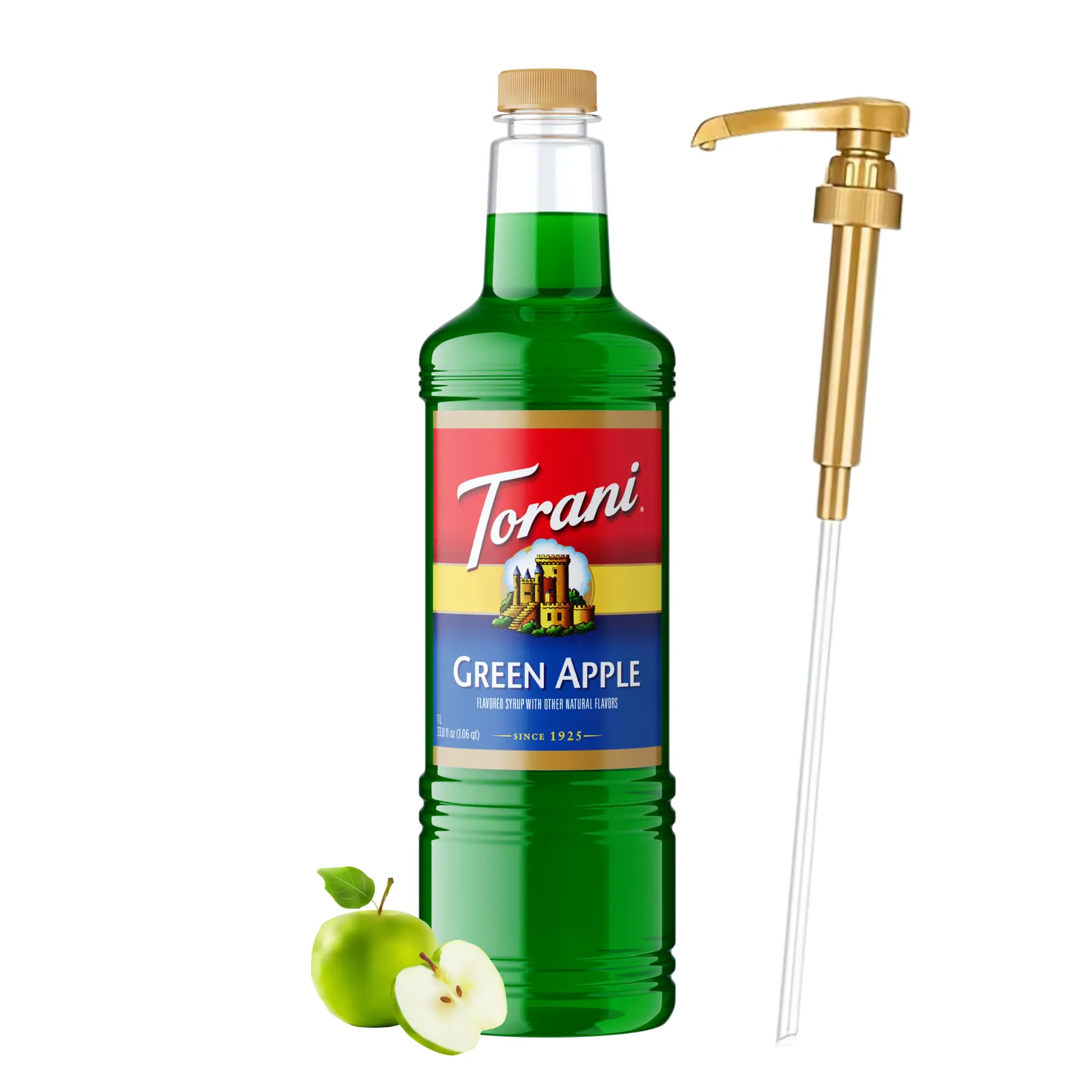 Torani Green Apple Syrup, 1L with Pump, Natural Ingredients Sweet-Tart Flavoring for Drinks & Sodas