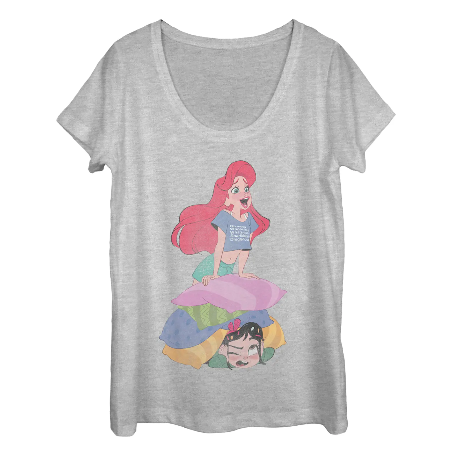 Women's Fitted Short-Sleeve Printed Cotton Tee - Ralph Breaks the Internet Inspired Ariel Pillow Scoop Neck Casual Check Top