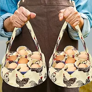 Farmhouse Style Mini Egg Collection Basket for Chicken Eggs, Duck Eggs, and Goose Eggs, with 7 Pockets, Rooster and Hen Print, Perfect for Garden and Home Use
