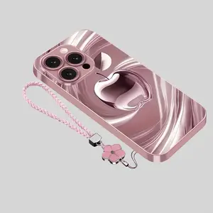 New Swirl Apple Series Metallic Paint Glass Phone Case with Lanyard for iPhone 17 16 15 14 13 12 11 Pro Max Plus Air Other Models Perfect Gift with Flower Charm
