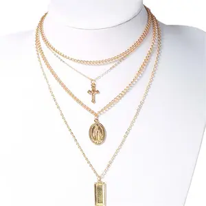 Multi-Layer Artificial Gemstone Pendant Necklace, Creative Personality Cross & Square Design, Necklaces for Women, Cross Necklaces, Trendy Jewelry