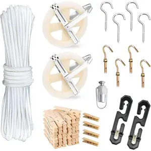 164ft Heavy Duty Polyester Outdoor Clothesline Pulley Kit with S Separator Spreaders, Rope Tightener and Hook for Outdoor Clothes Drying