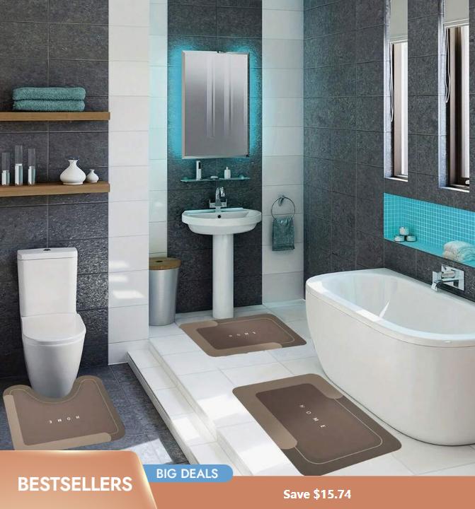 3-Piece HOME Design Bathroom Mat Set, Super Absorbent Microfiber Bath Rugs, Non-Slip Machine Washable U-Shaped Contour & Rectangular Floor Mats For Shower, Toilet, Hotel & Dorm