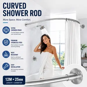 Stainless Steel Curved Shower Curtain Rod L Shaped Extendable for Bathroom Tub & Corner Silver-4340