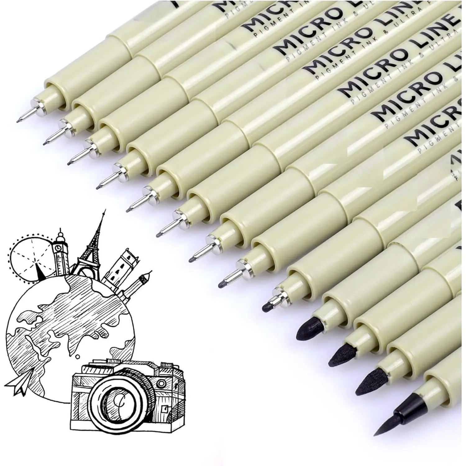 12+1 Fineliner Drawing Art Pens, Black  Pigment Ink Set for Artists, Sketching, Manga, Watercolor, Calligraphy, and Detail Outlining Archival Quality Inking Markers