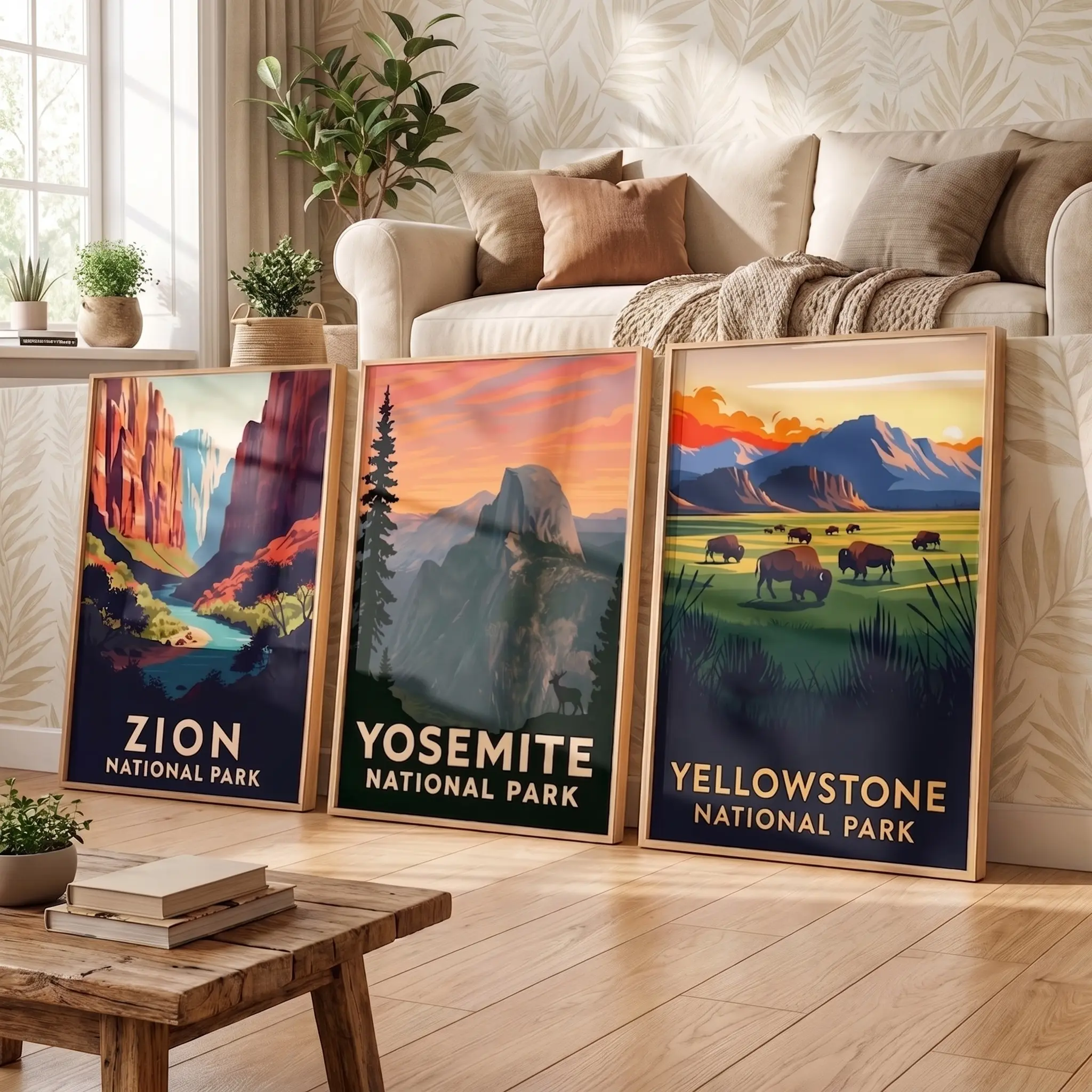 Set of 3 National Park Glossy Posters, Zion Yosemite Yellowstone Wall Art, Vintage Travel Prints, Mountain Landscape Home Decor Gift