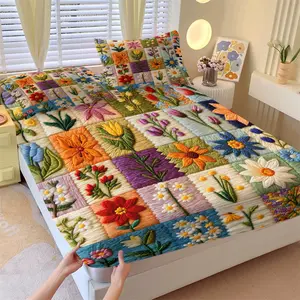 Multi-Pattern Patchwork Fitted Sheet Set (2 Pillowcases), Decorative Bedsheet Sets, Floral/Rooster/Moon-Star Prints, Bedroom Decor Gift, Soft Skin-Friendly Mattress Protector