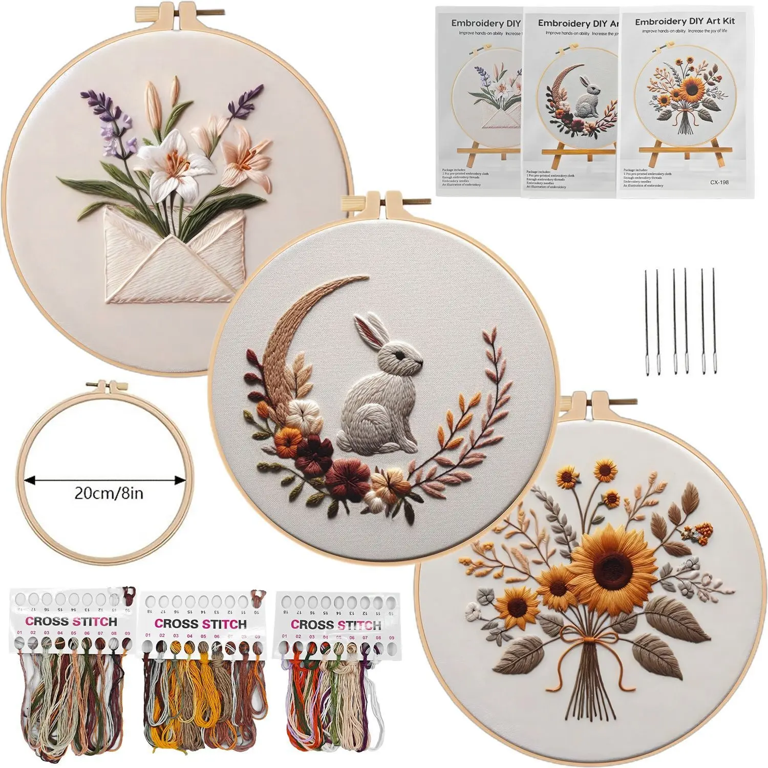 Beginner Embroidery Kit, Elegant Cross Stitch Set, Sunflower Envelope Moon Rabbit Pattern, DIY Embroidery Supplies, Includes Printed Cotton Fabric, Embroidery Thread, Embroidery Design, Embroidery Craft Kit, DIY Kits