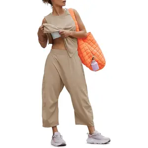 FMEYOA Women's Summer 2 Piece Outfits Sleeveless Tank Tops Wide Leg Pocketed Pants Workout Sweat Sets