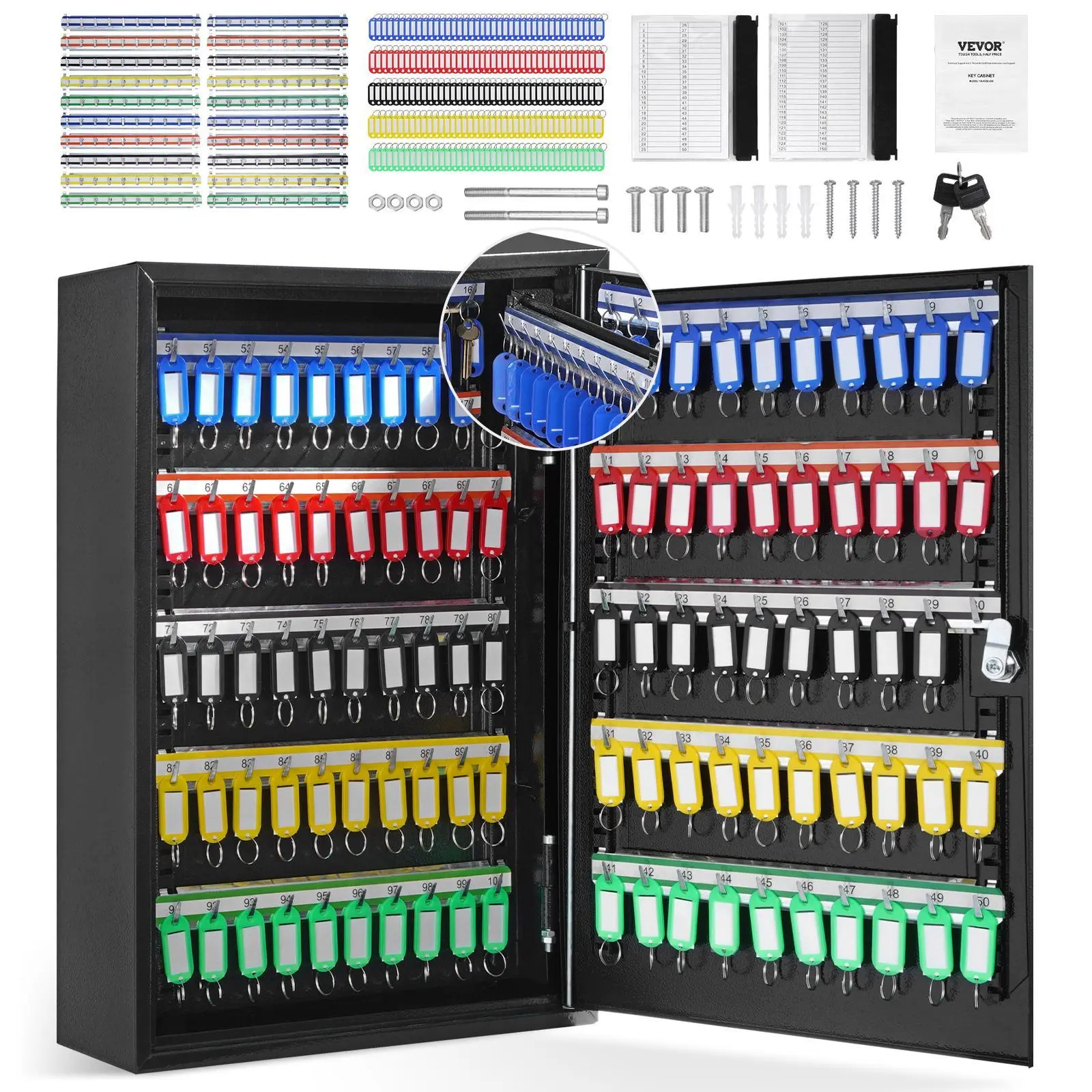 【SummerFinds】VEVOR 200-Key Cabinet,  , Key Lock Box with Adjustable Racks, Security Key Storage Box Steel, Key Organizer with 200 Colorful Key Tags and 4 Record Cards for School, Office, Hotel