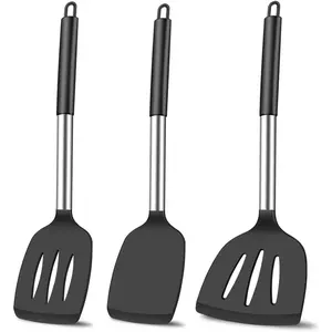 3Pcs Heat Resistant Silicone Spatula Set, Nonstick Cookware Safe Rubber Wok Spatula Fish Turner, Long Large Silicone Cooking Kitchen Utensils Set