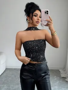 Women's Fashion Value Halter Top, Knitted Silver Color Sequins, Autumn Winter Inner Layer, Stylish and Comfortable