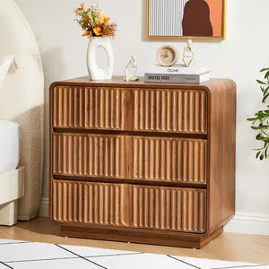 Giratree Mid Century Modern Fluted Dresser, 31.5" Wide 3 Drawer Chest with Curved Edges, Walnut Wood Storage  for Bedroom or Living Room kitchen cabinets