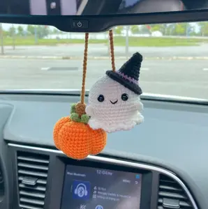 Crochet Ghost And Pumpkin Halloween Rear View Mirror Accessories Decoration, Ghost Witch Hat Plushie, Pumpkin Fall Car Decor, Halloween Gift