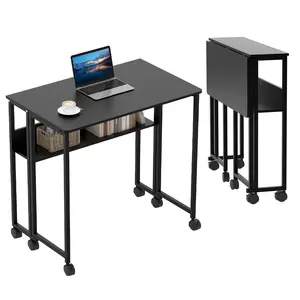 Folding Desk Small Rolling Desk with Storage Shelf,31.5 Inch Foldable Computer Table with Wheels,Portable Office Desk for Small Space Sofa Table,Easy to Fold,Writing Work Office Computer Desk