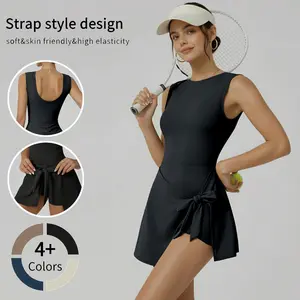 Kabier Women's Sleeveless Tennis Dress with Ruffle Side Slit & Built-in Shorts for Yoga Golf High Stretch Nylon Crew Neck Spring Summer