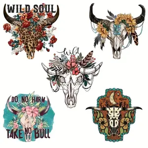 5-Piece Wild Soul Heat Transfer Clothing Patches DIY Washable T-Shirt/Hoodie Heat Stickers Beautiful Bull Skull Embroidered Appliques Floral Appliques