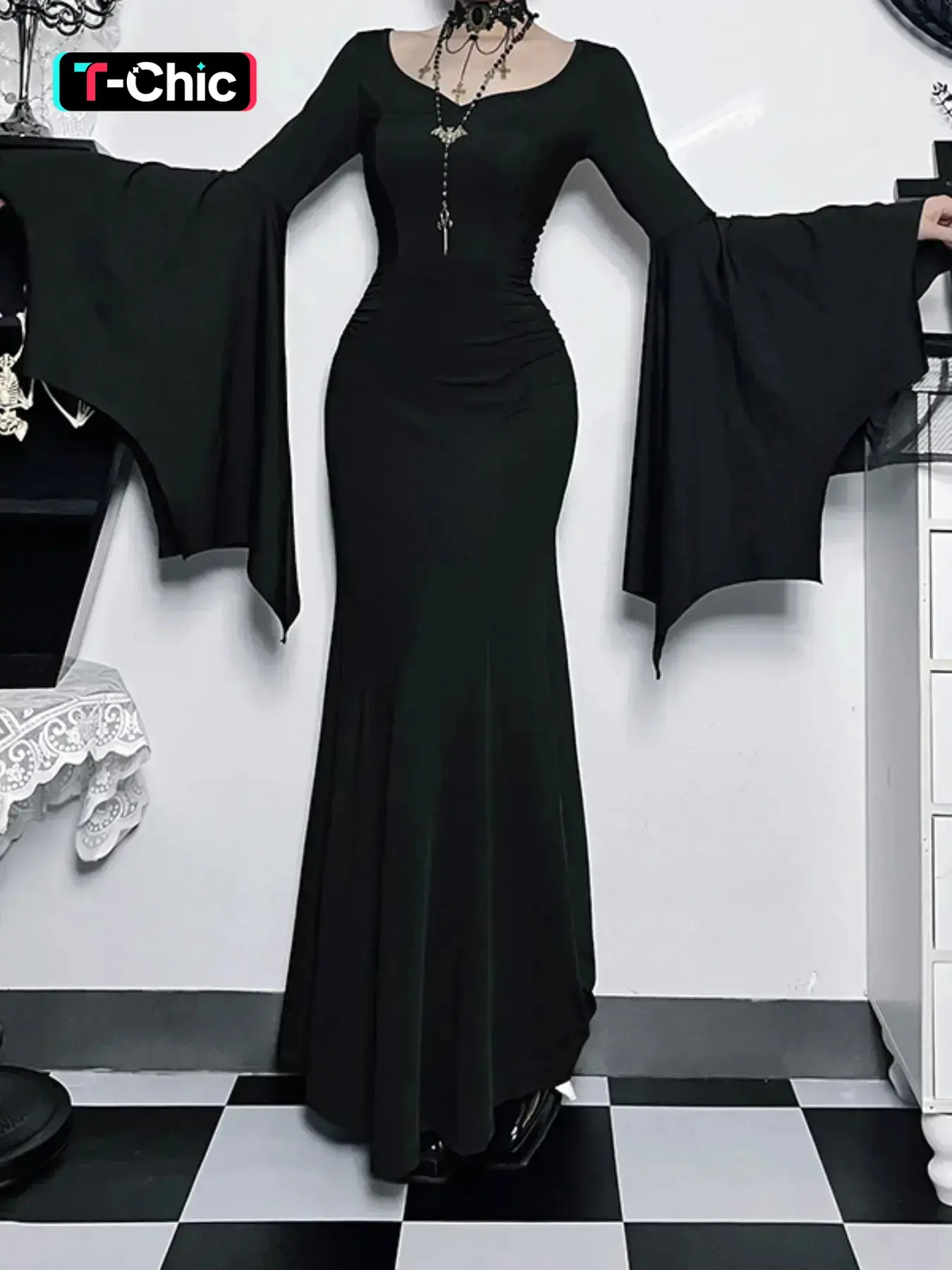 Women's Plain Ruched Mermaid Maxi Fit Dress, Elegant Formal Sweetheart Neck Batwing Long Sleeve Evening Party Gown, Ladies Fall & Winter Clothes, Womenswear