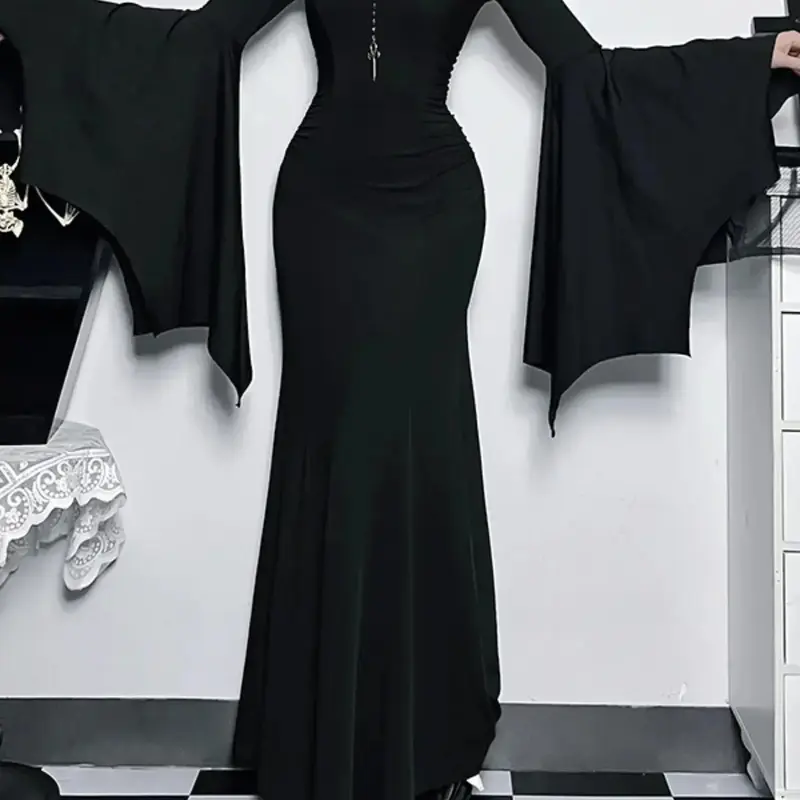 Women's Solid Color Ruched Mermaid Maxi Bodycon Fitted Dress, Chic Elegant Formal Sweetheart Neck Batwing Long Sleeve Evening Party Gown, Fall & Winter Clothes, Womenswear