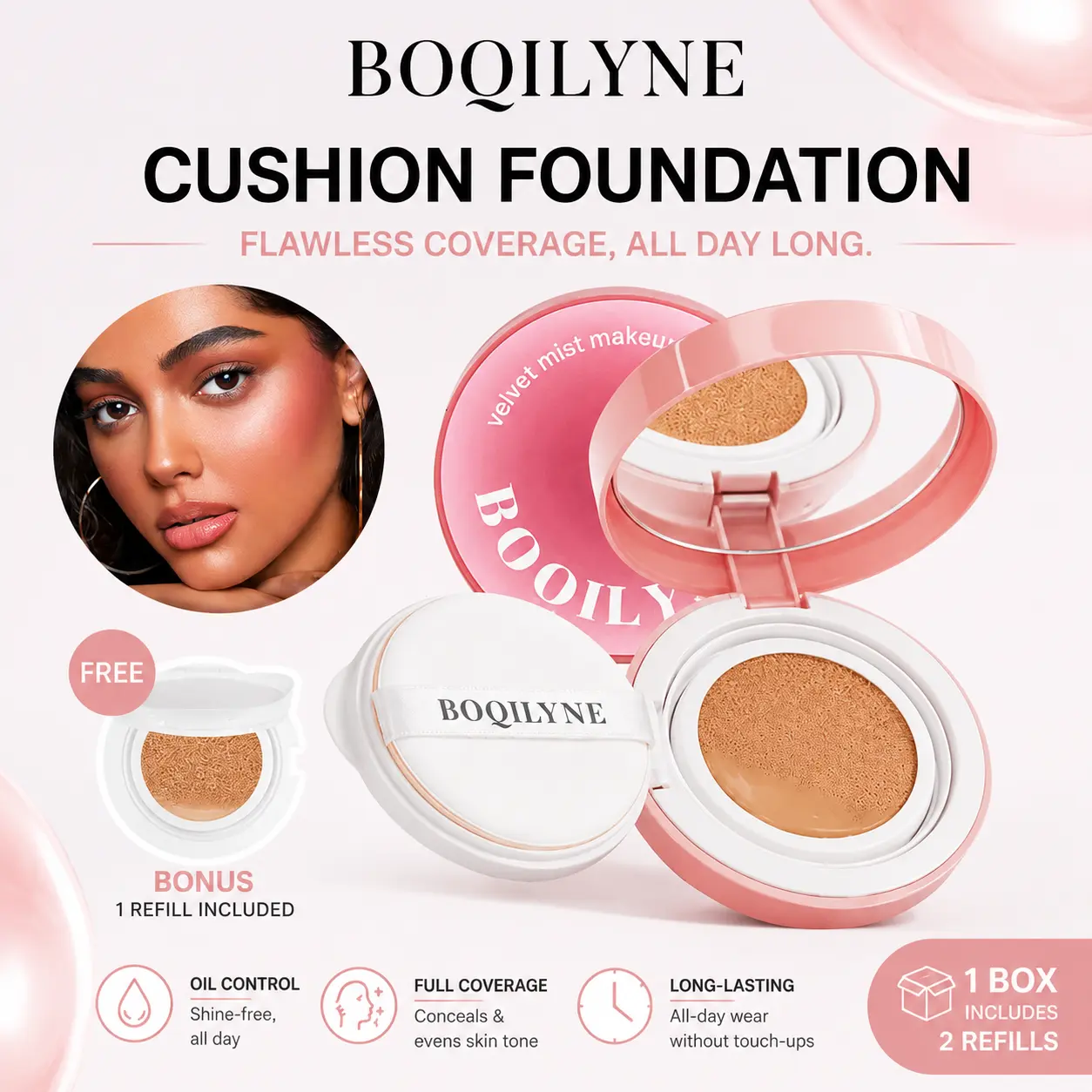 BOQILYNE 2PCS Cushion Foundation – Matte, Full Coverage, Oil Control, Sweat & Waterproof, Long-lasting Makeup Base