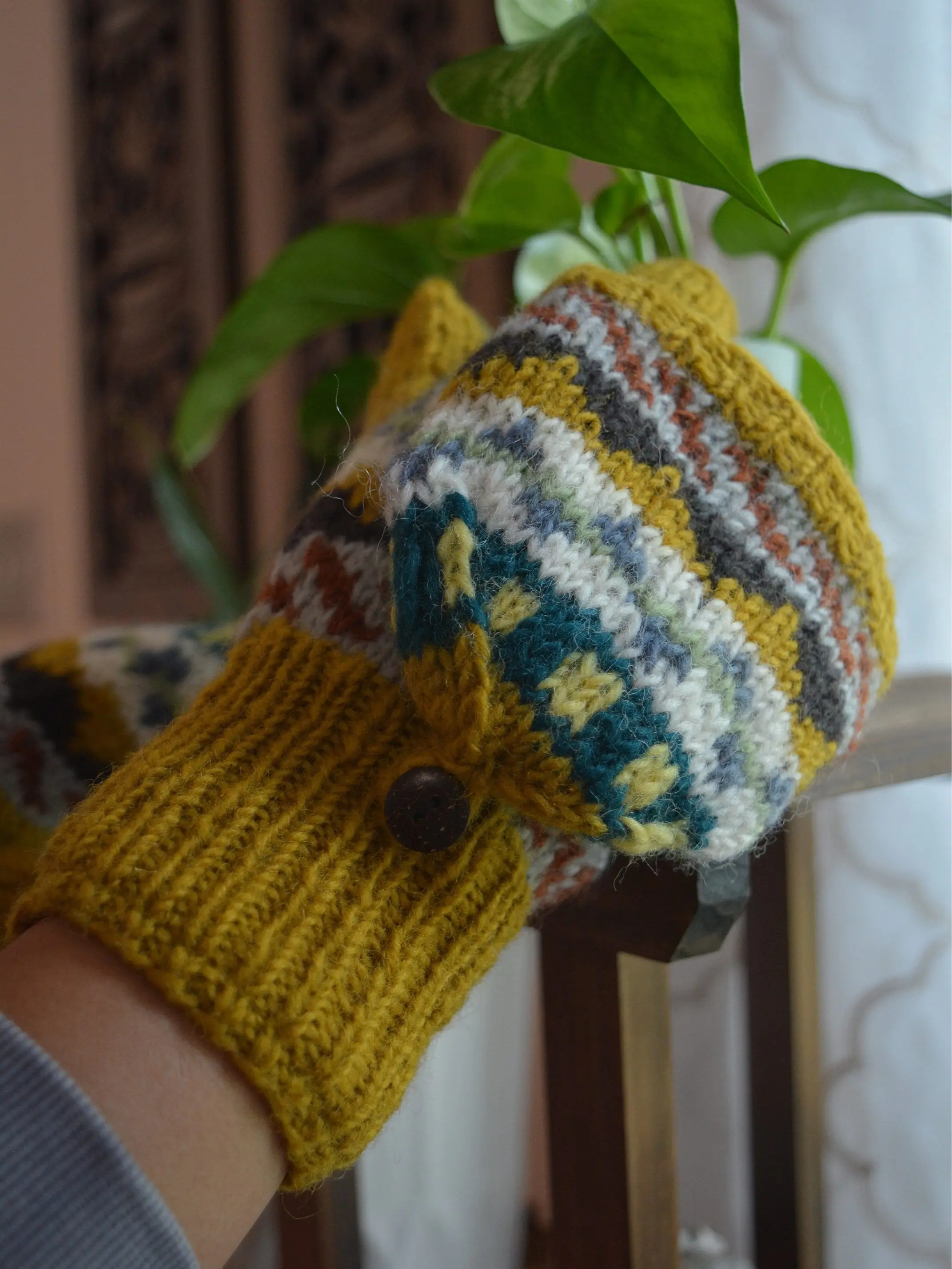 Mustard Namche Hand Knit Convertible Mitten, winter gloves with Fleece Lining, Comfy and Warm.