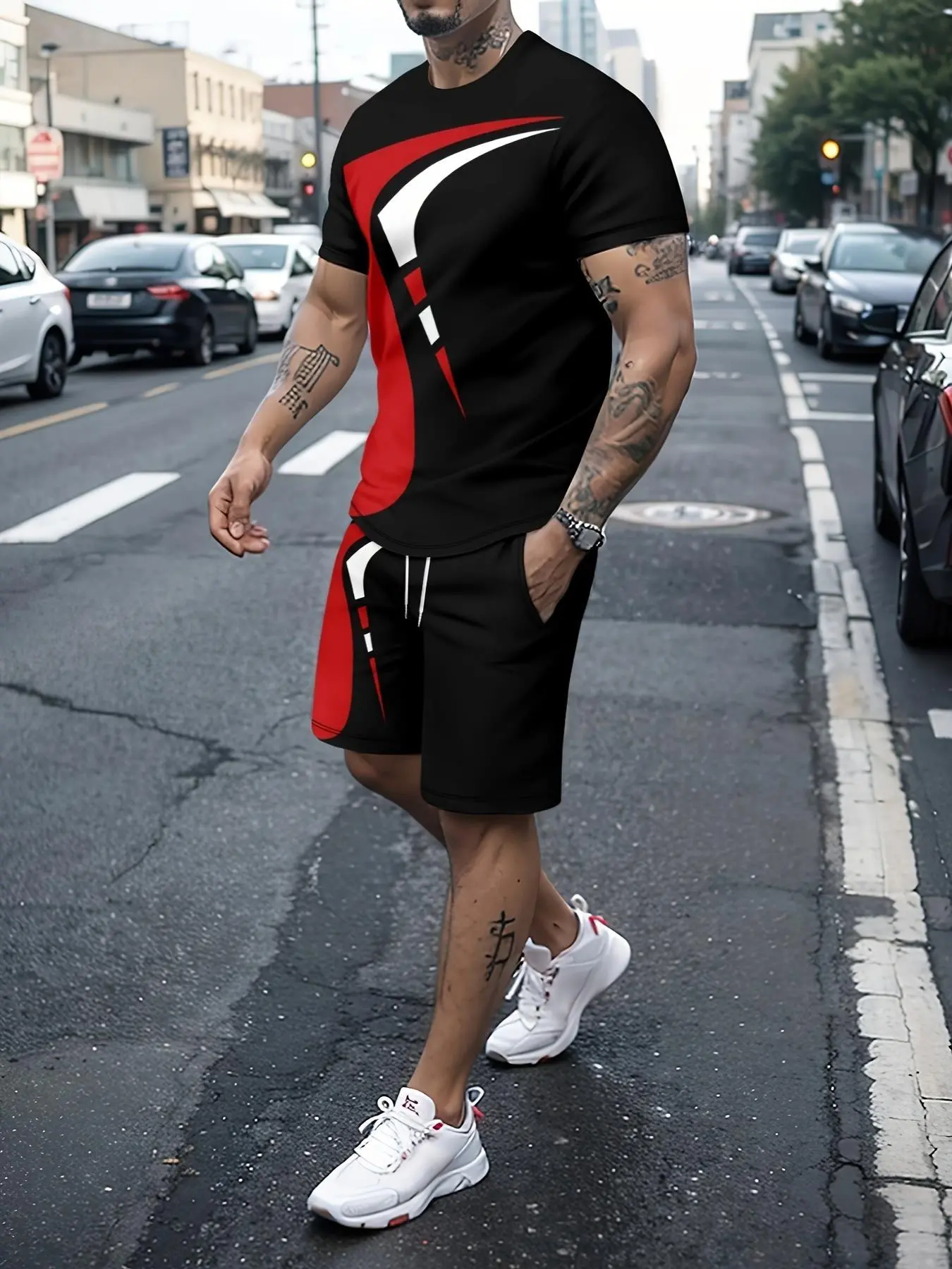 Men's Plus Size Two-Piece Set, Casual Fashion Print Sportswear, Athleisure Wear, Athletic Wear, Casual Sportswear Outfit, Round Neck Sweatshirt & Pocket Drawstring Shorts, All Seasons