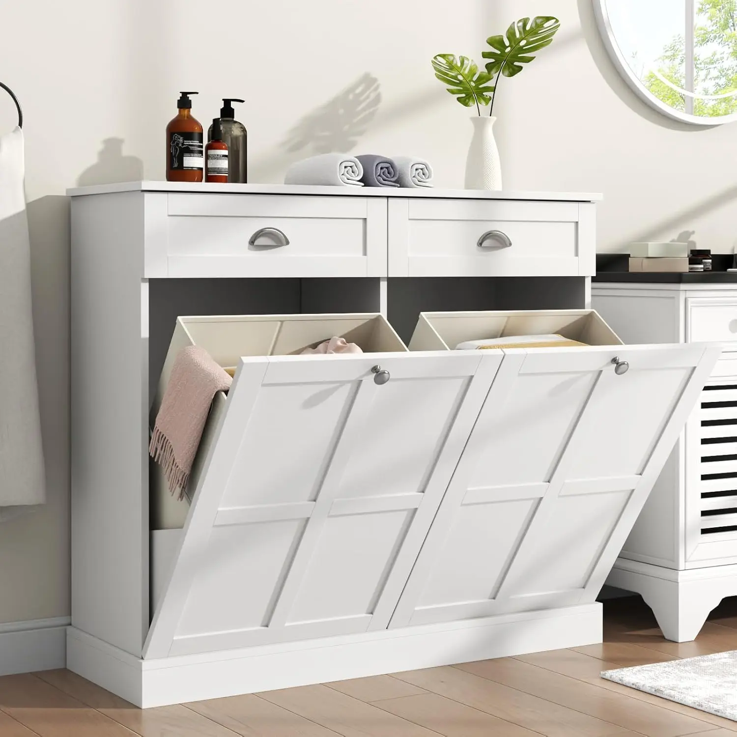 Gyfimoie Double Tilt Out Laundry Hamper Cabinet, Hidden Laundry Cabinet with 2 Drawers & 2 Laundry Storage Baskets, 30 Gallon Trash Can Cabinet, Storage Cabinet for Bathroom, Laundry Room,Kitchen, White