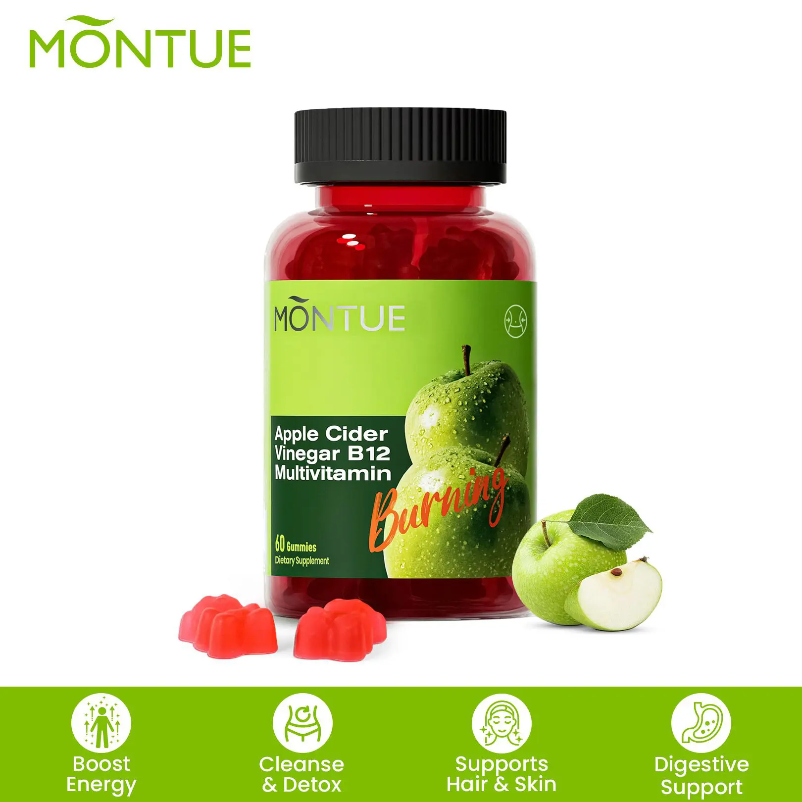 【Montue】 Apple Cider Vinegar Gummies B12 Multivitamin,ACV Supplement Gummy Vitamins,Vegetarian Supplement for Women & Men,Non GMO,Support Normal Energy Levels & Gut Health 60 Gummies (60) #summerwins #dealsforyoudays