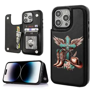Country Western Faith Winged Cross Card Holder Wallet Aesthetic Black Casing For iphone 17 16 15 14 13 12 PRO PLUS MAX PU Leather Stylish Gift Shockproof Protection Anti-Drop Protective Protector Phone Case Shell Cover HH8016