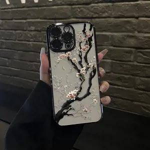 White cherry blossom tree Blooming Pattern Electroplated Mobile Case Camera Lens Protection wildflower cases for iphone 17 16 15 Pro max case 14 13 12 11 XS Plus Shockproof and non-slip silicone transparent acrylic mobile phone protective film iphone 15